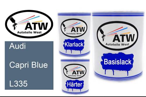 Audi, Capri Blue, L335: 1L Lackdose + 1L Klarlack + 500ml Härter - Set, von ATW Autoteile West.